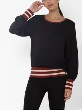 Scotch & Soda Round Neck Blouson Top Black With Burgundy & Yellow Trim Size S